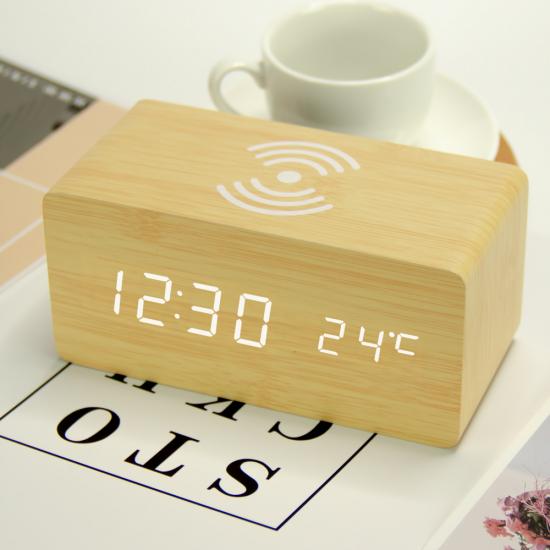Digital Wooden alarm clock wireless charging with temperature